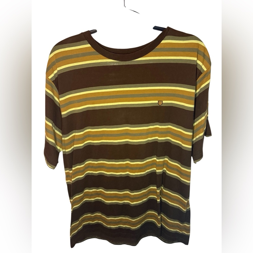 Brixton Men's  T-Shirt Brown Tan Striped Standard Fit Black Size XL Logo Casual